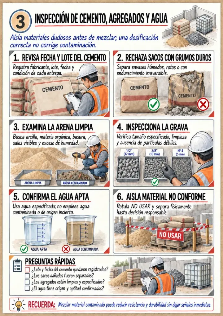 Página real: Inspección de cemento, agregados y agua