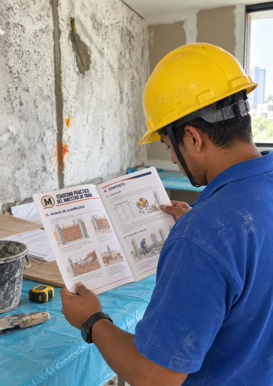Trabajador consultando el material en papel dentro de la obra